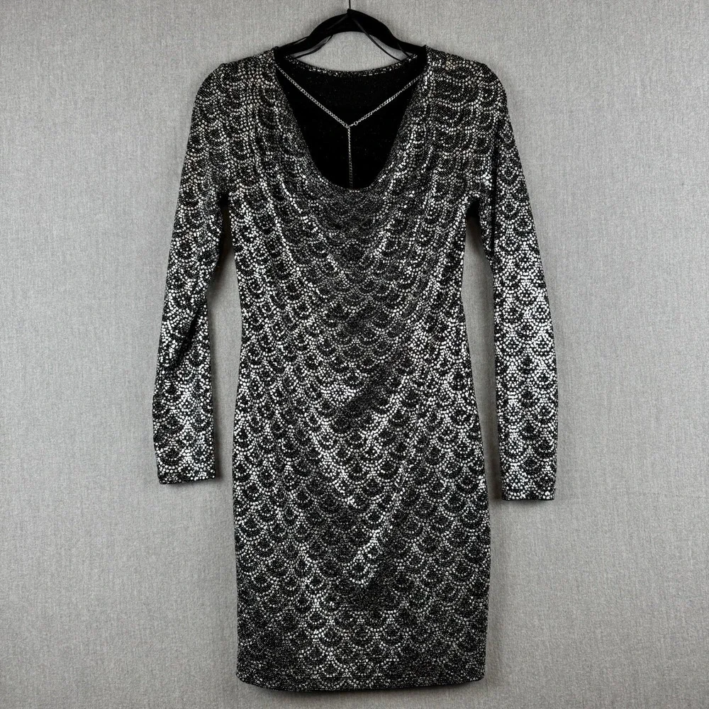 Michael Kors Black‎ Silver Scallop Glitter Lame Cowl Back Chain Dress Medium